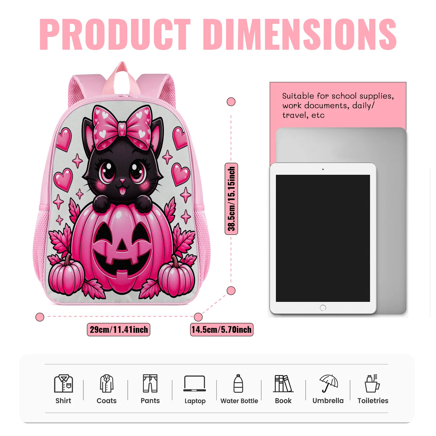 Cute Pink Black Cat Kitten Backpack Lightweight School Bookbag with Pumpkin Heart Bow Print Adjustable Straps