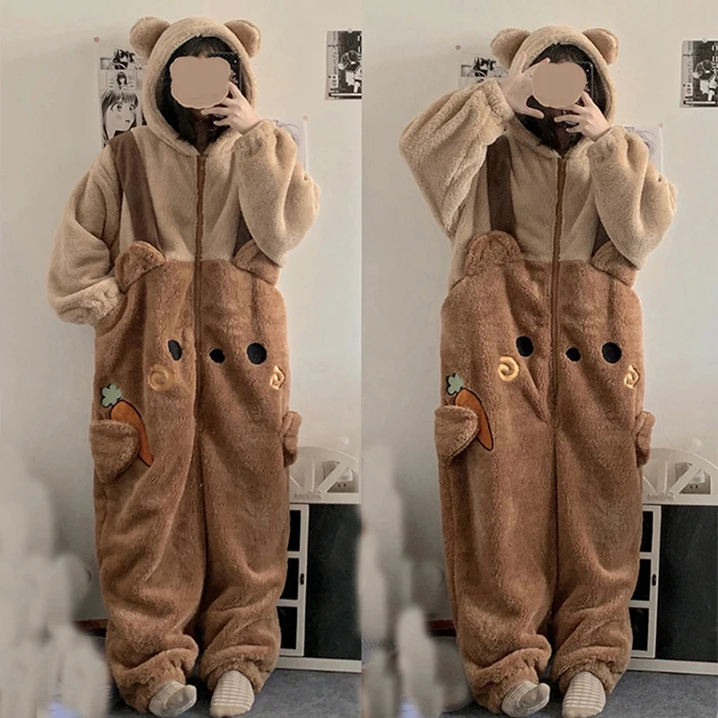 Adult Bear Onesie Winter Flannel Plush Pajamas Halloween Cosplay Costume Animal Christmas Sleepwear Jumpsuit for Women and Men