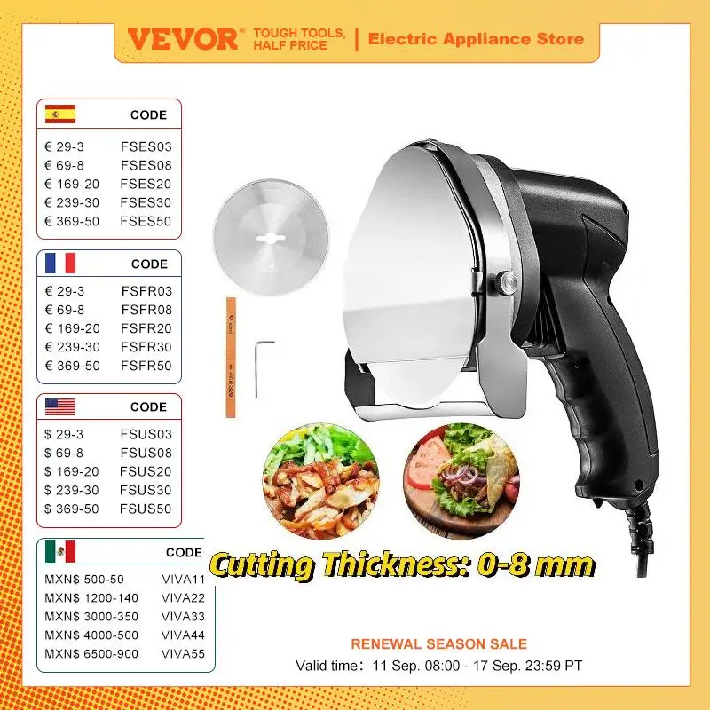 VEVOR-cortadora de Kebab inalámbrica de 0-8mm, cuchillo eléctrico de 2 cuchillas, cortador de Shawarma, máquina comercial para cortar carne asada