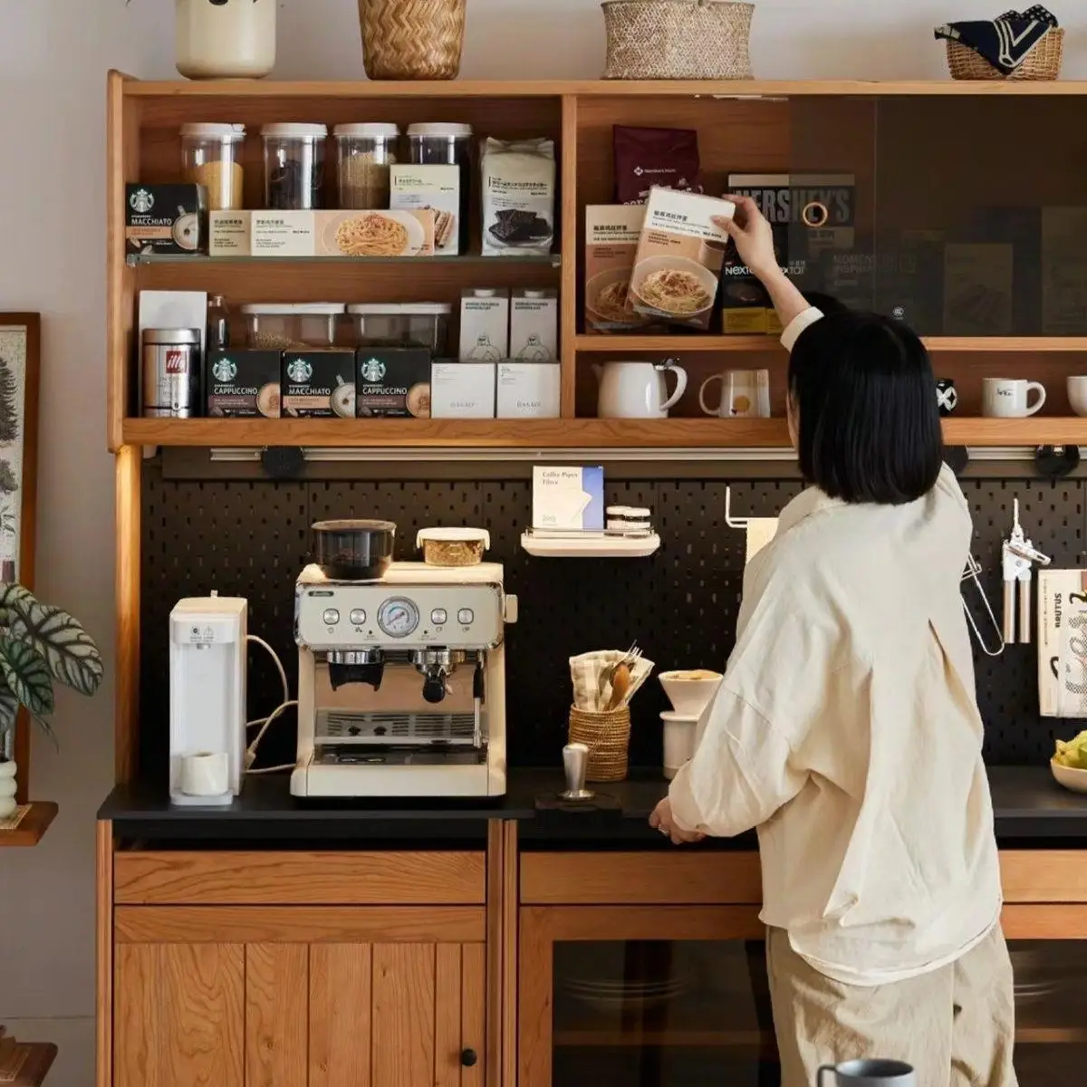 Wooden dining side cabinet Japanese-style cherry wood integrated storage locker against the wall hole board