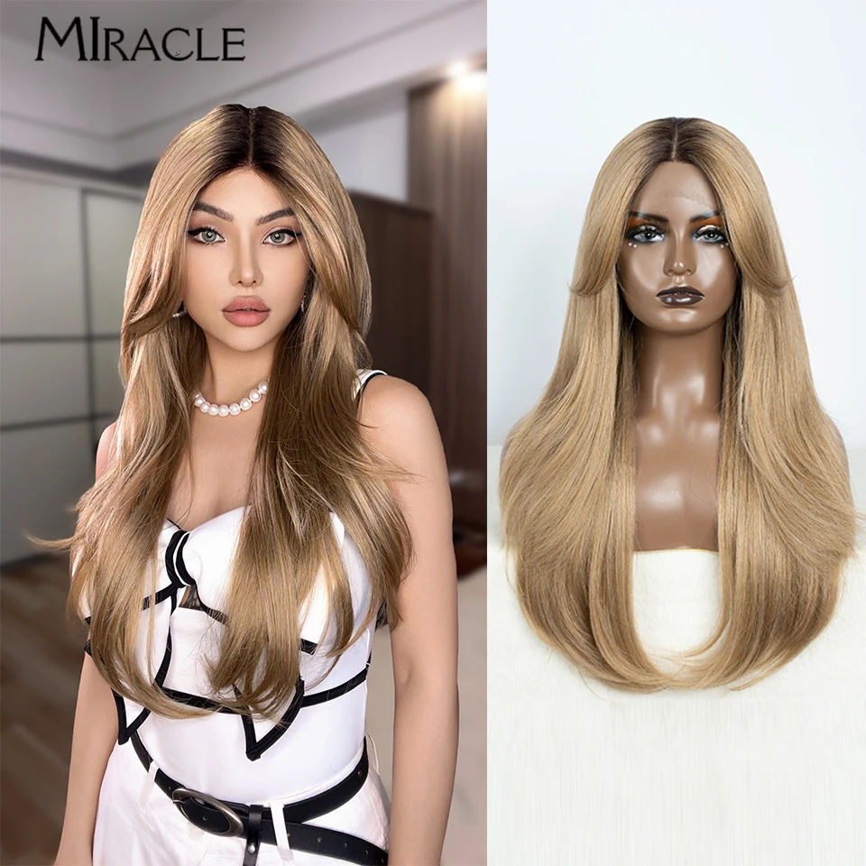 

MIRACLE Synthetic Straight Lace Wig Cosplay Fake Hair Lace Front Wig for Women 26 Inch Ombre Red Blonde Wig With Bangs Female