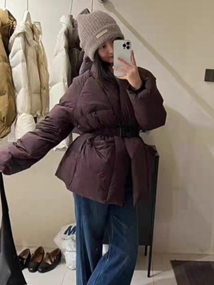 2025 New Down Jacket Winter Belt Waist-Tight Elegant Warm 90% White Duck Puffer Coat Female Mid-Length Solid Color V-Neck Parkas