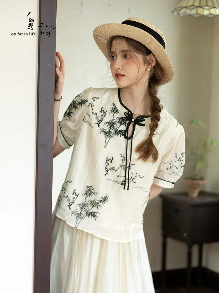 

GOFAR New Chinese Style Women's Shirt Summer round Neck Short Sleeve Button up Casual Loose Fit Printed Casual Fashion
