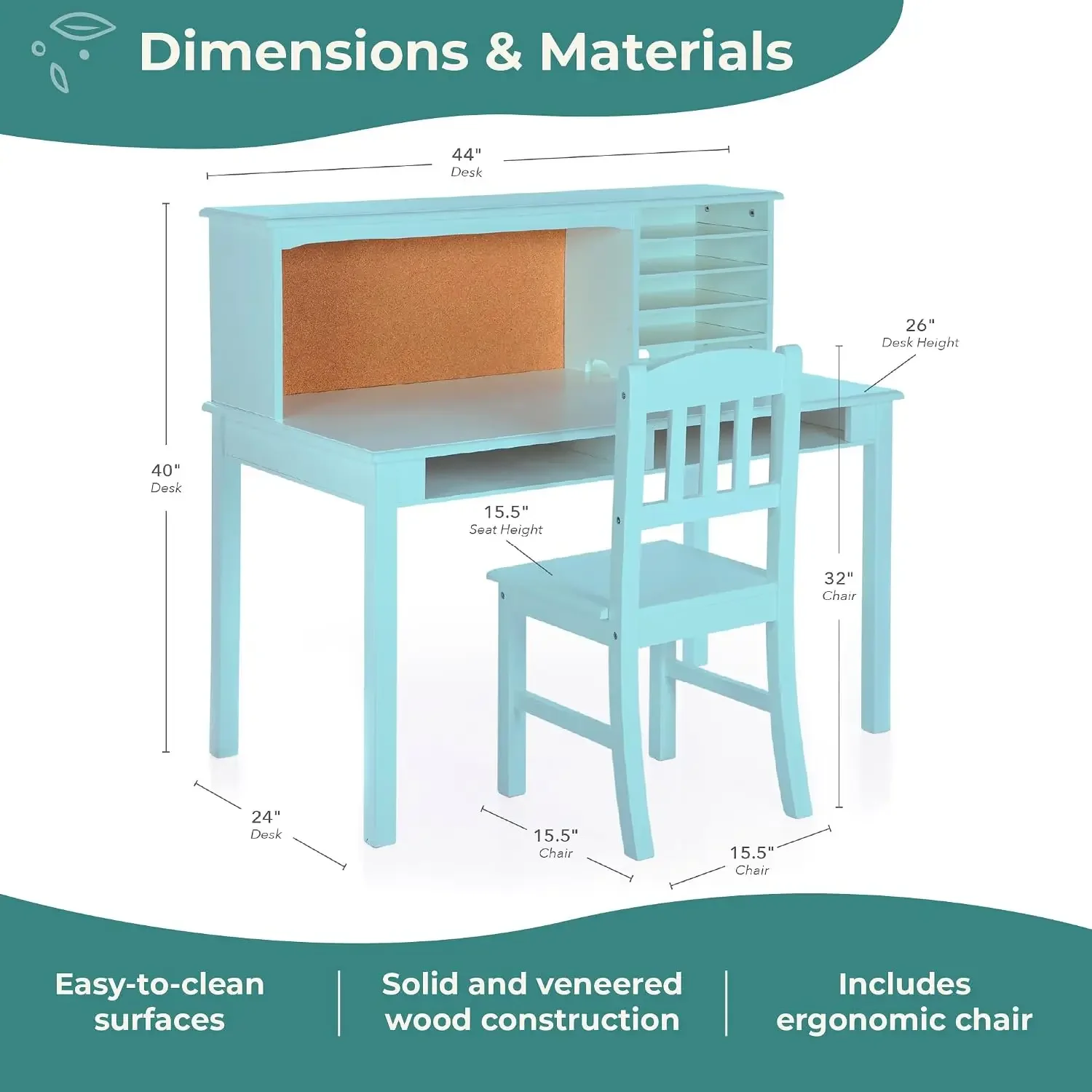 Kids Media Desk, Hutch and Chair Set - Teal: Student's Study Desk With Storage, Computer Workstation | Wooden Bedroom Furniture