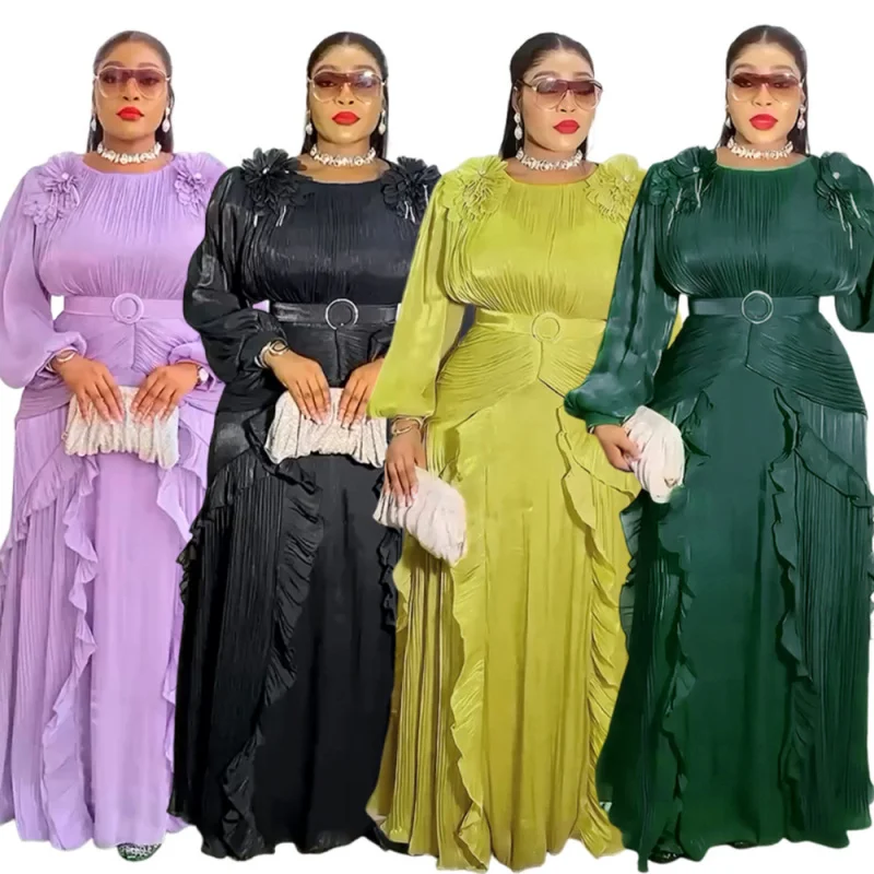 

African Foreign Trade Plus Size Women's Pleated Long Sleeve Dress