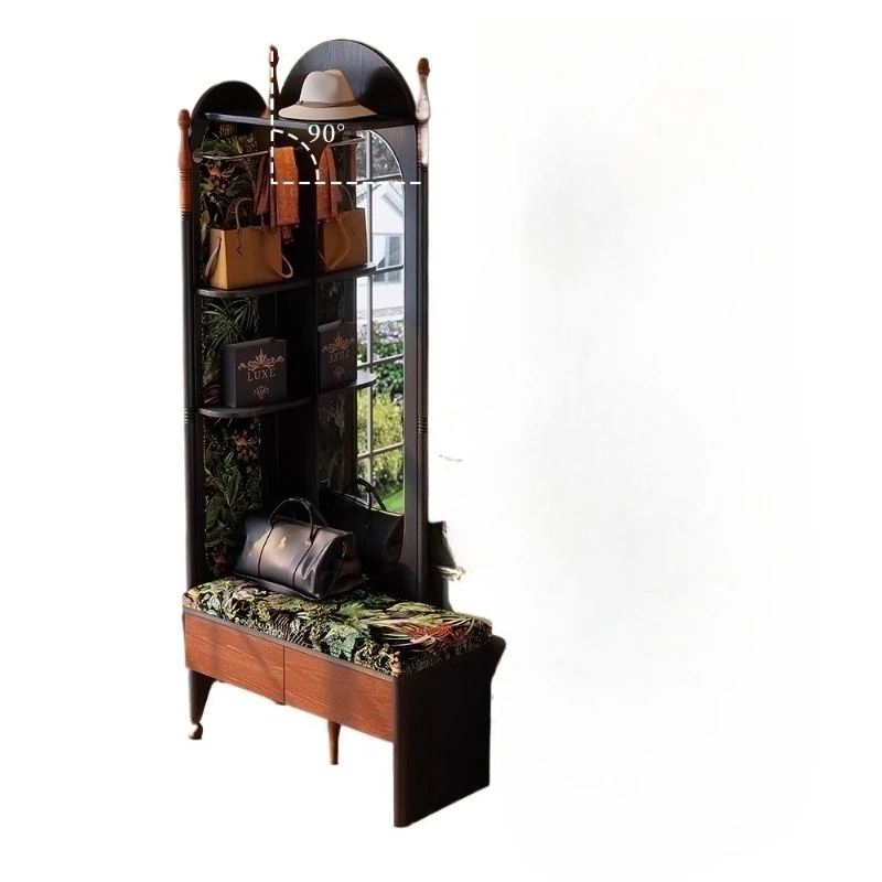 Practical French Retro Entryway Set Full - length Mirror Shoe Changing Stool Storage Cabinet Coat Rack