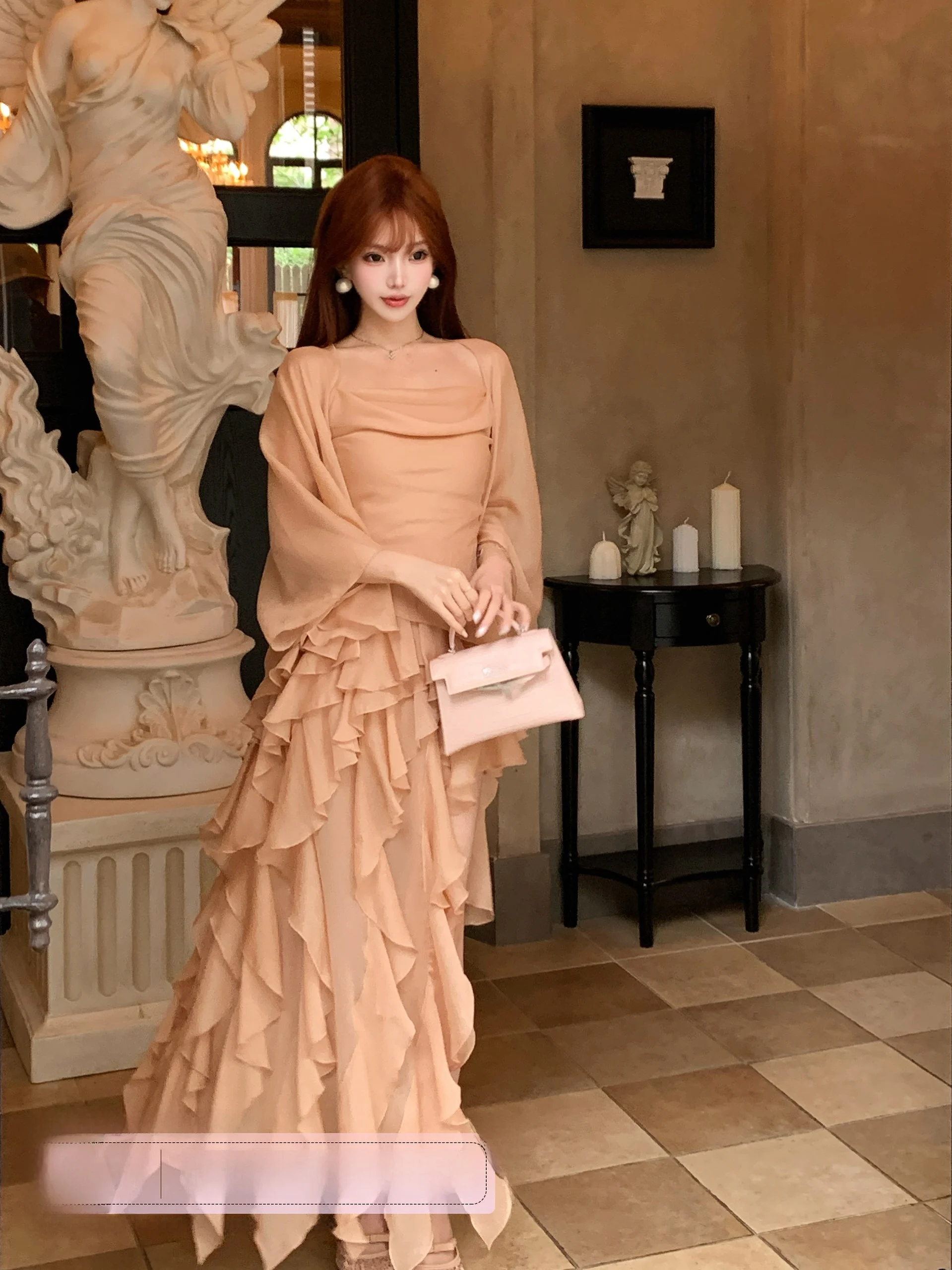 

Caramel Lightweight Flocking Elegant Slim Fit Crop Top And Skirt Set Spring Fashion Outerwear Zipper Closure Seven Sleeve Length