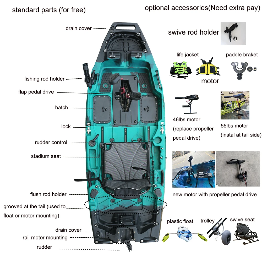 8ft Modular Fishing Kayak 1 Person Paddle Drive System Ready Sit on Top Eco-Friendly Lightweight PE Material 2-Year Warranty