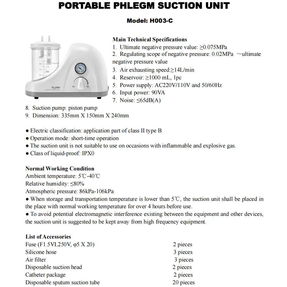 FOLEE 220V Medical Electric Suction Pump Home Use Single Bottle Suction Unit Device for Elderly Mucus Suction Machine