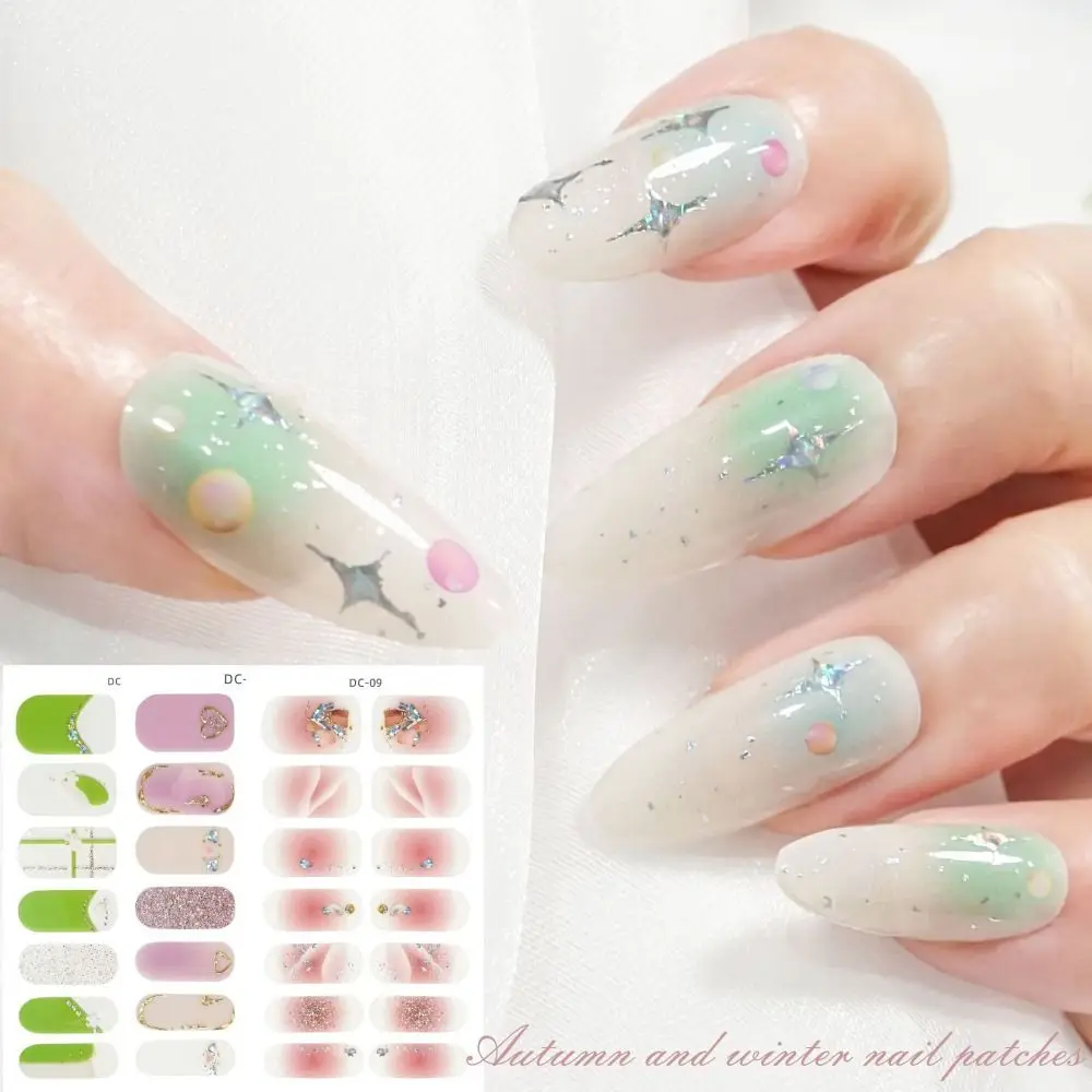 

14 Strips Semi Cured Gel Nail Stickers Full Cover Floristic Gel Nail Polish Strips French Nail Art Glittering Nail Art Stickers