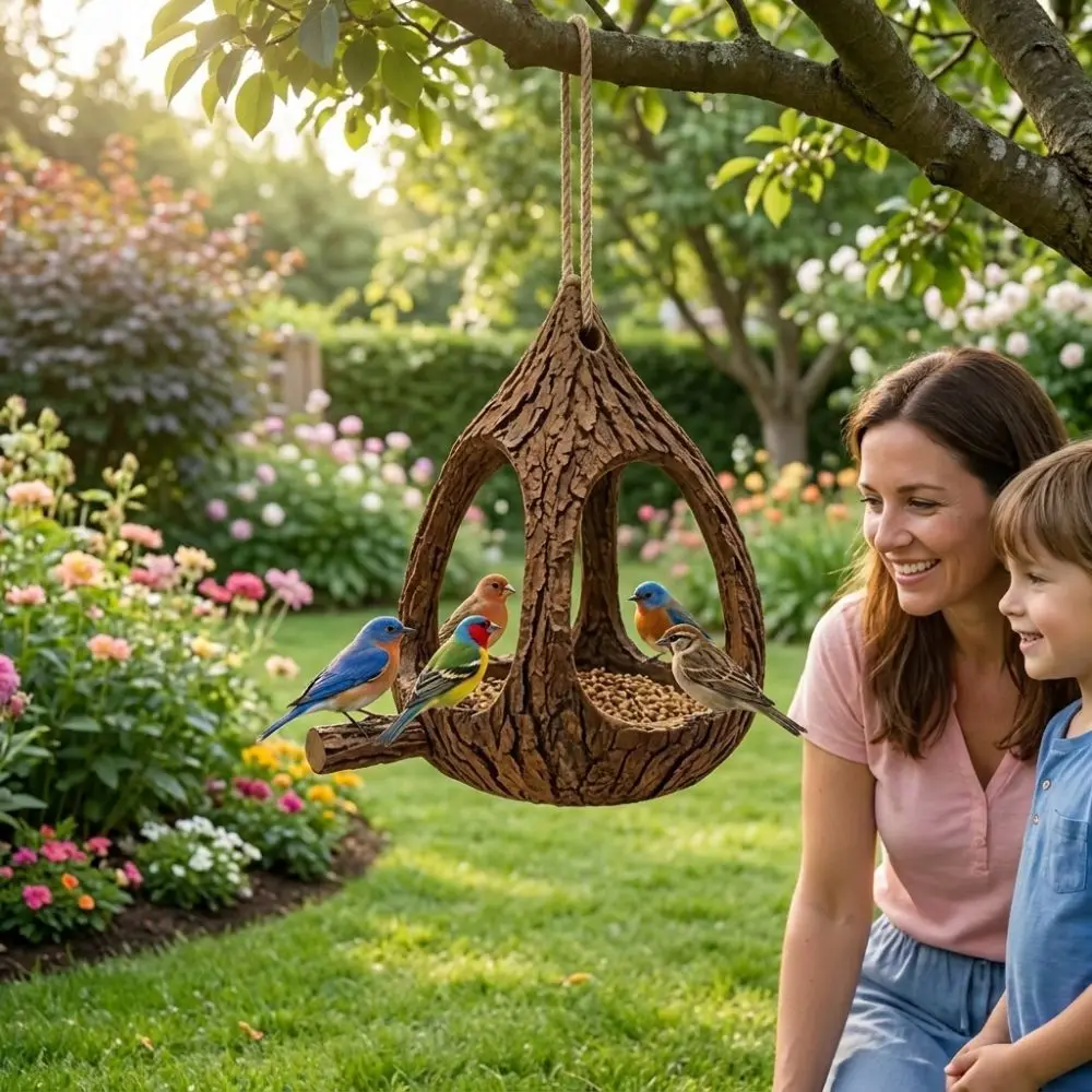 Resin Bird Feeder House Tree Stump Natural Look Hanging Wild Bird Feeder Weather Resistant Waterproof Bird Feeding Station