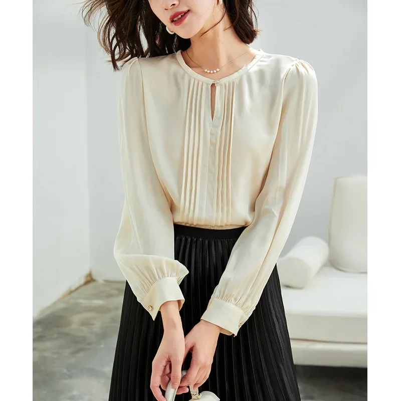 

Women's Autumn Heavy 23 Mm Silk Double Joe New Long Sleeve French Style Design Sense Shirt Office Lady Women's Top