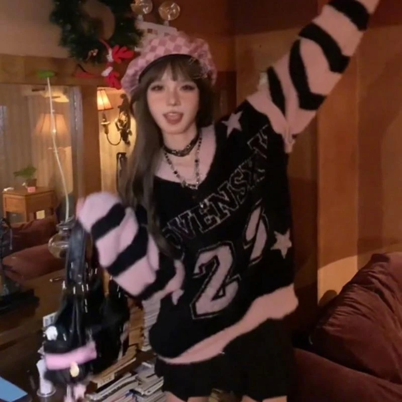 American Vintage Stripe Sweater Knit Patchwork Round Neck Long Sleeve Preppy Style Letter Pattern Fashion Casual Pullover Autumn