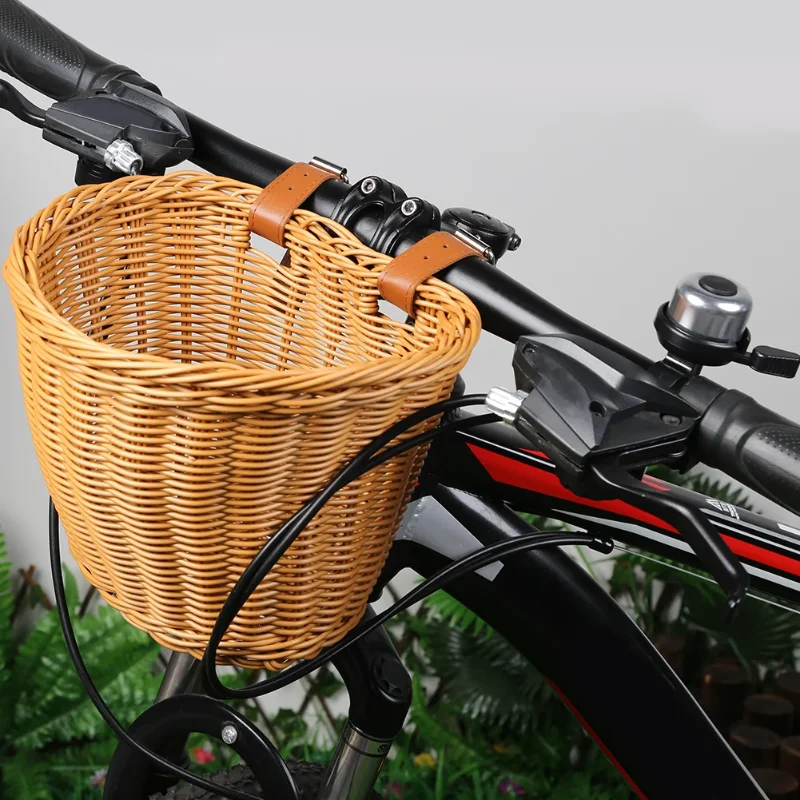 Removable Imitation Rattan Bicycle Basket With Leather Straps Hand-Woven Small Bicycle Basket Bicycle Bell Cycling Accessories