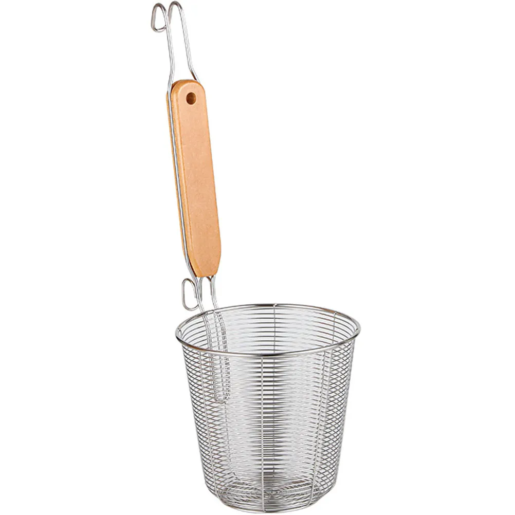 Premium Stainless Steel Pasta Basket Noodle Strainer with Natural Wood Handle Mesh Drain Design for Cooking Boiling Spaghetti
