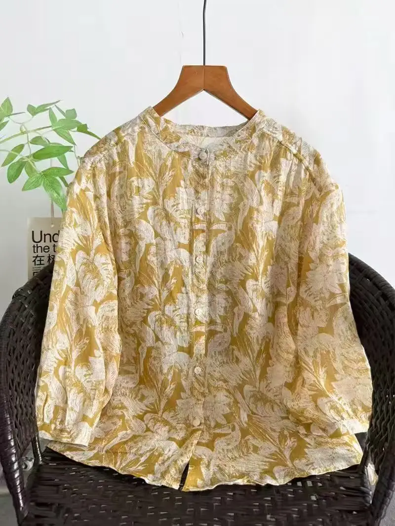 2026 Women's 100% Ramie Linen Short Sleeve Blouse Loose Fit Vintage Tropical Leaf Print Stand Collar Casual Summer Shirt