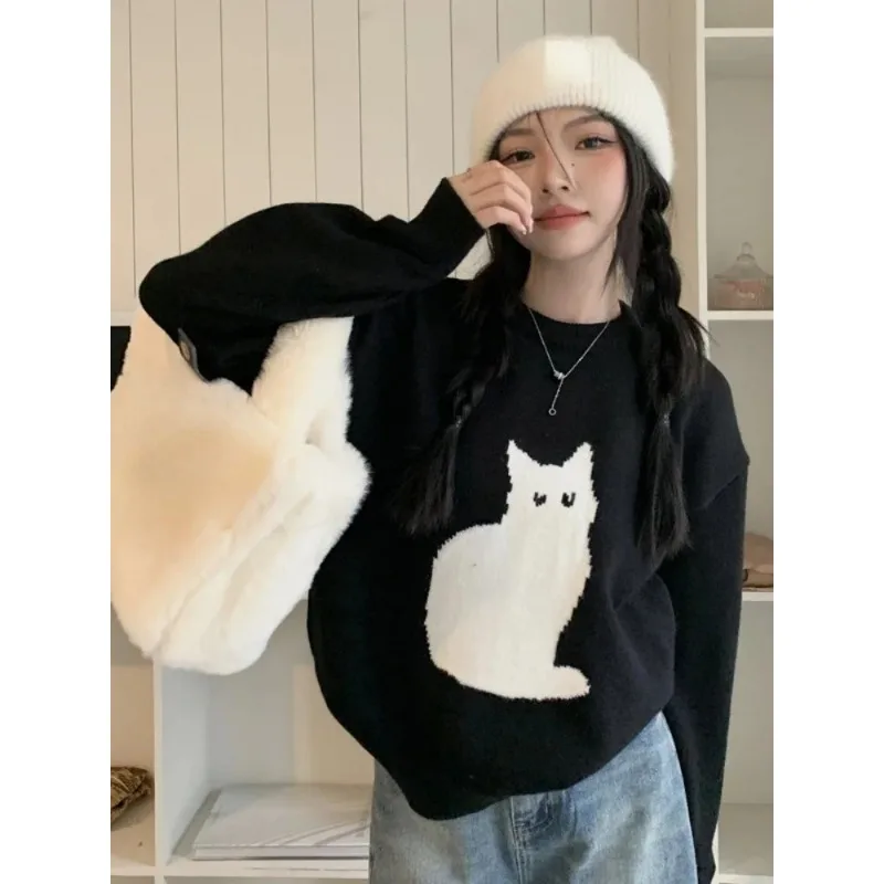 Sweet Sweater Pullover Women Cartoon Cat Pullover Autumn Winter Outwear Loose Vintage Knitted Tops Female Fashion