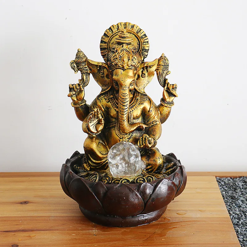 Tabletop Fountain Desktop Water Ganesha Elephant Statue Buddha Decoration Home Ornament With Light Ball Decor for