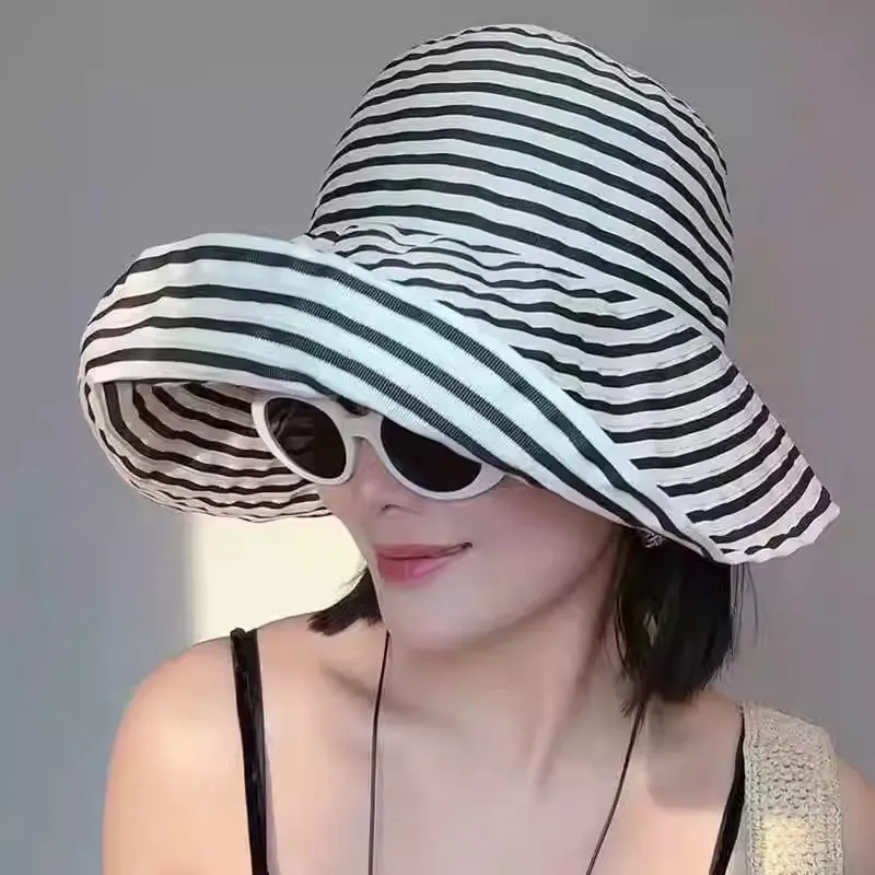 

Foldable Summer Striped Women's Sun Protection Fisherman's Hat Fashionable Large Brim Big Head Circumference Sun Hat
