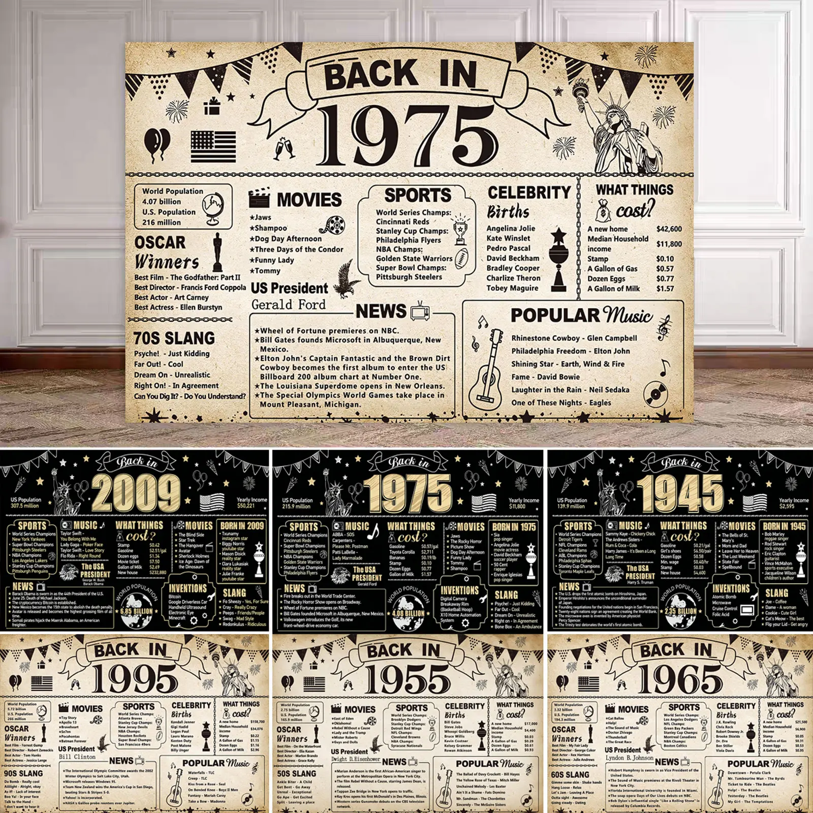 50th Birthday Banner Anniversary Party Decorations Vintage Back in 1975 Backdrop Poster Supplies Photography Background