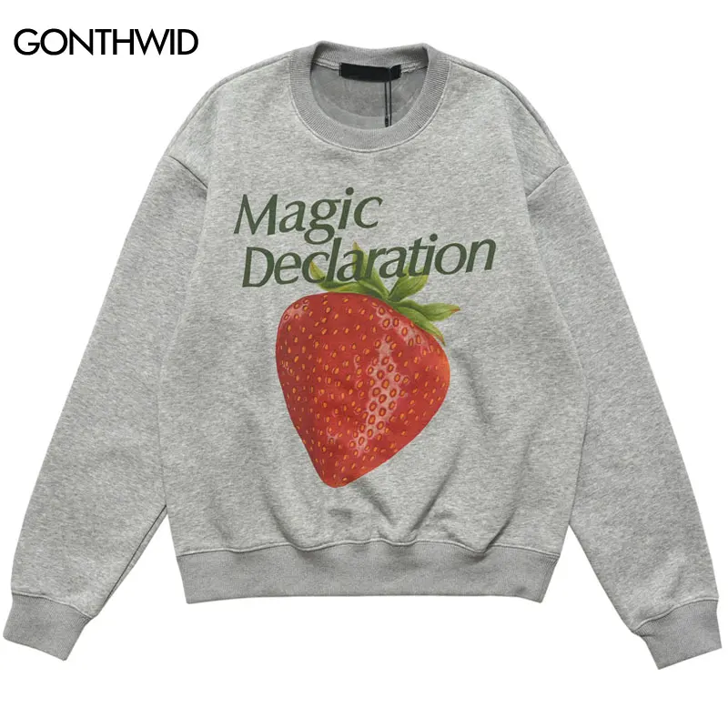 Harajuku Fleece Hoodie Streetwear Strawberry Graphic Printed Pullover Sweatshirt Y2K Hip Hop Men Casual Baggy Hoodies Tops