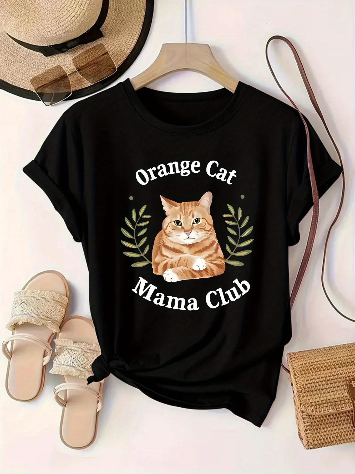 Cute Orange Tabby Cat Club Printed Summer T-shirt Top for Women Round Neck Short Sleeved Comfortable Casual Women's Clothing