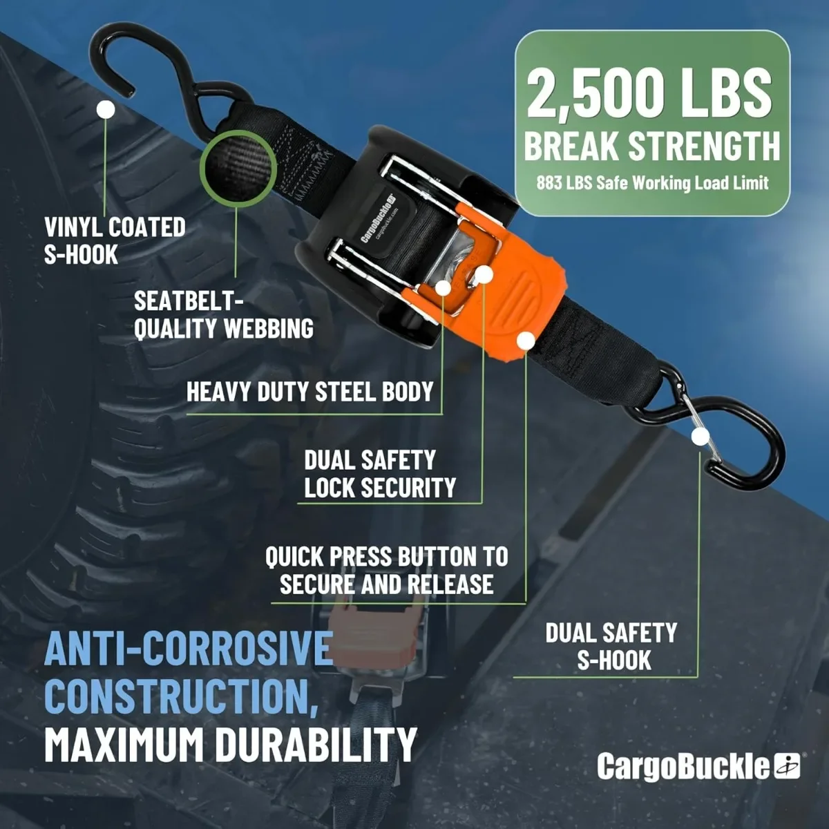 2-Pack 2-Inch Retractable Ratchet Tie-Downs. 2,500lbs Break Strength with Dual S-Hooks for Secure Transport of Cargo & Equipment