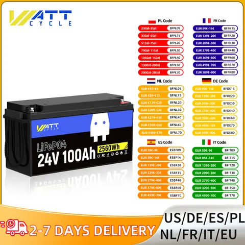 Wattcycle LiFePO4 batterie au Lithium 24V 100Ah intégré 100A BMS Portable 2560Wh pour RV, applications marines, utilisation hors réseau