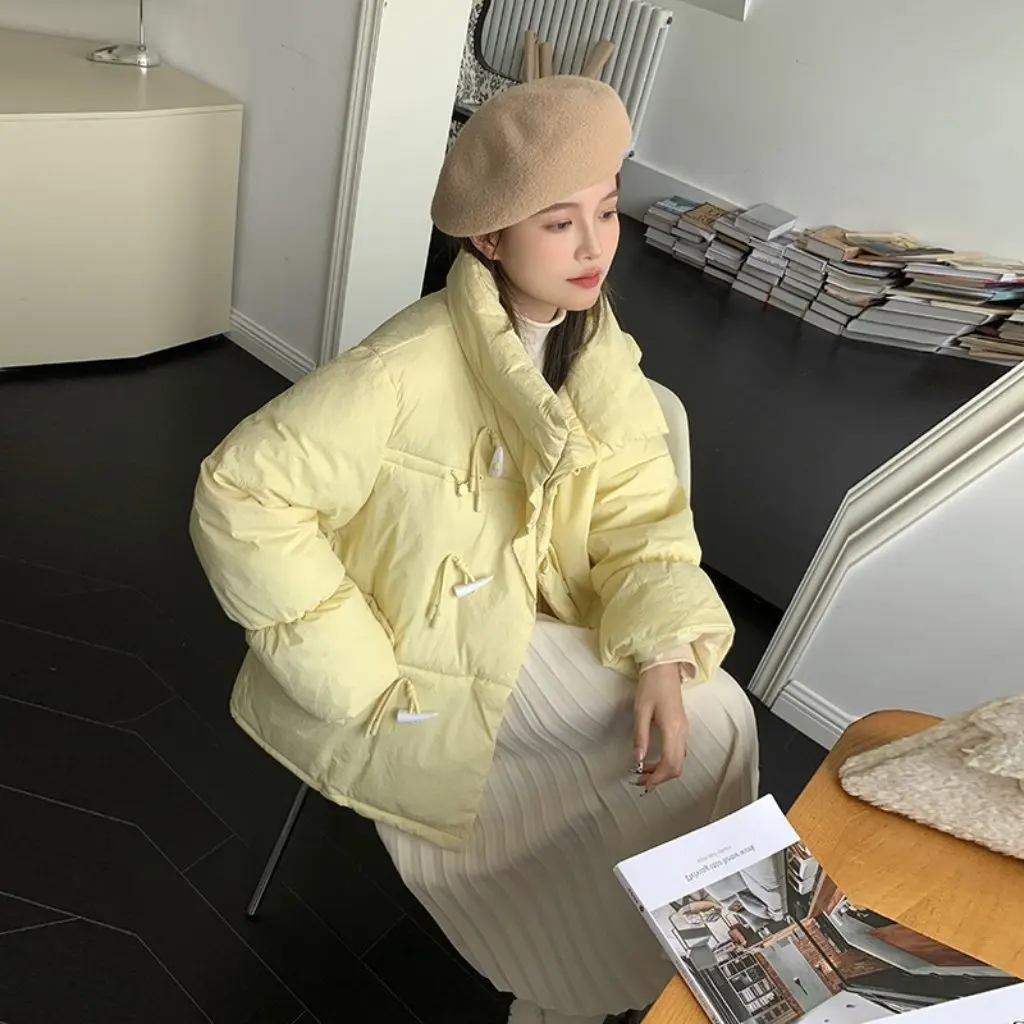 

Women's Korean down Cotton-padded Jacket Short Loose Style Fashion Horns Buckle Bread Coat Real Shot