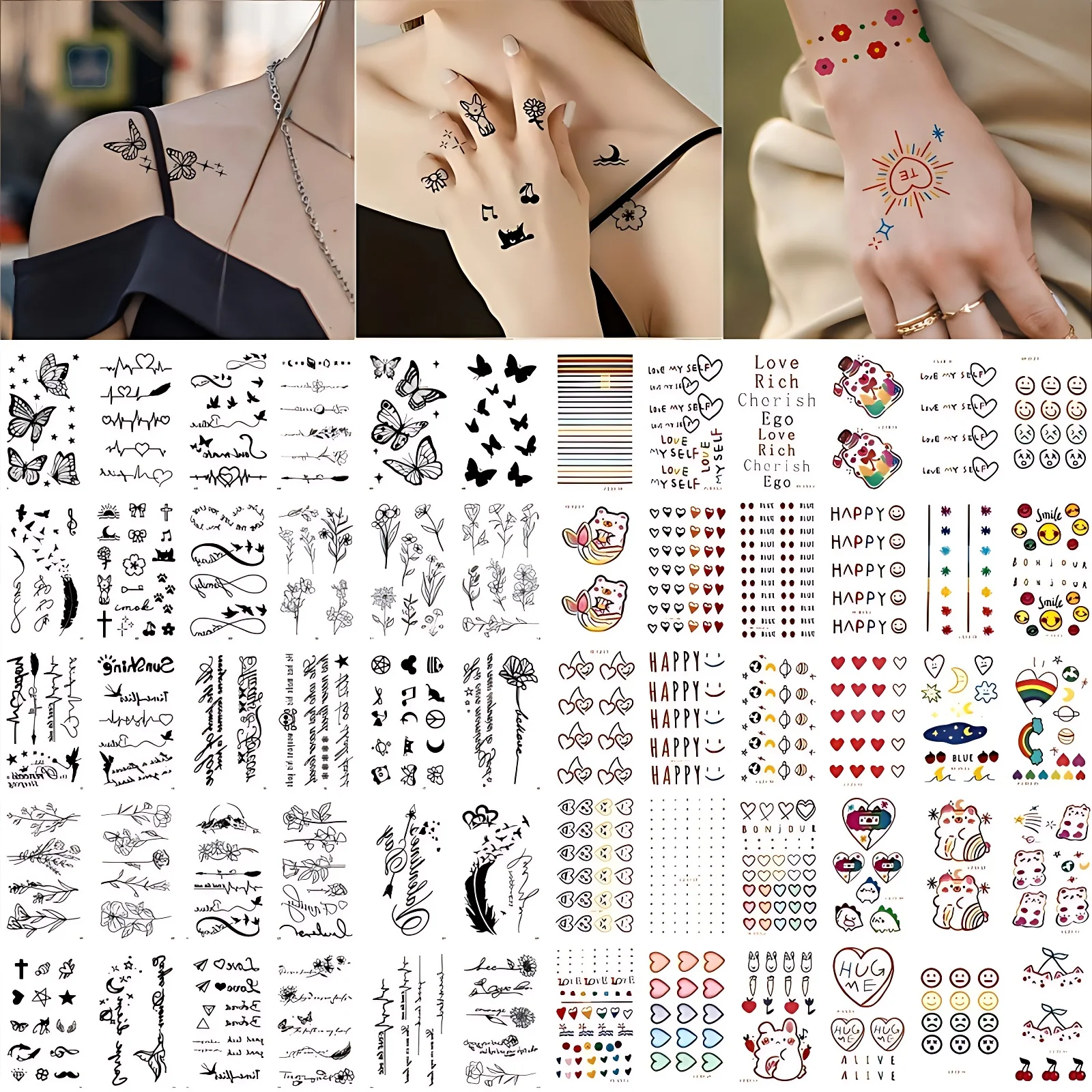 60pcs/set Electrocardiogram Flower Text Tattoo Sticker Small Colored Heart English Letter Transfer Tattoos for Women Kids Wrist