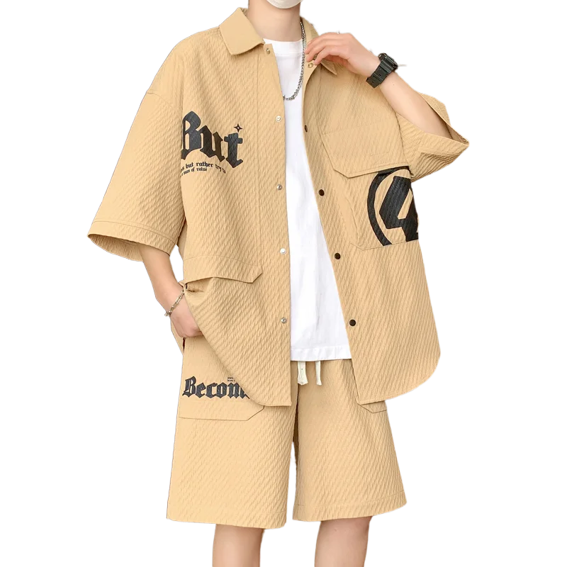2025 Summer High quality Men's Fashion Casual trend single breasted shirt + shorts men's suit