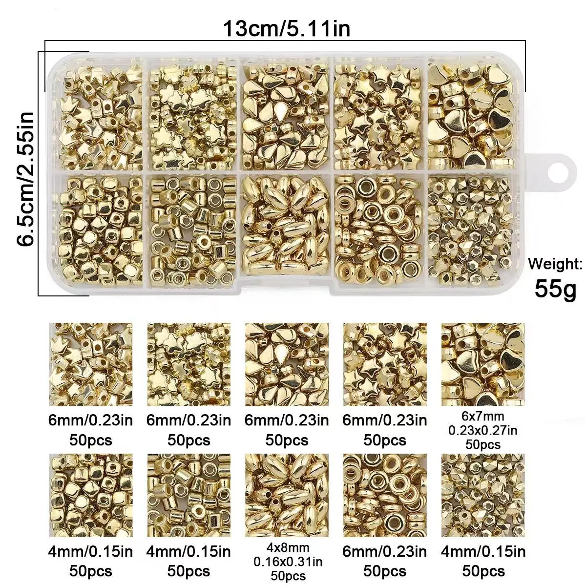 500PCS 10 Style Crown Star Heart Spacer CCB Gold Silver Plated DIY Kit Set Box Loose Beads For Jewelry Making Finding Bracelets
