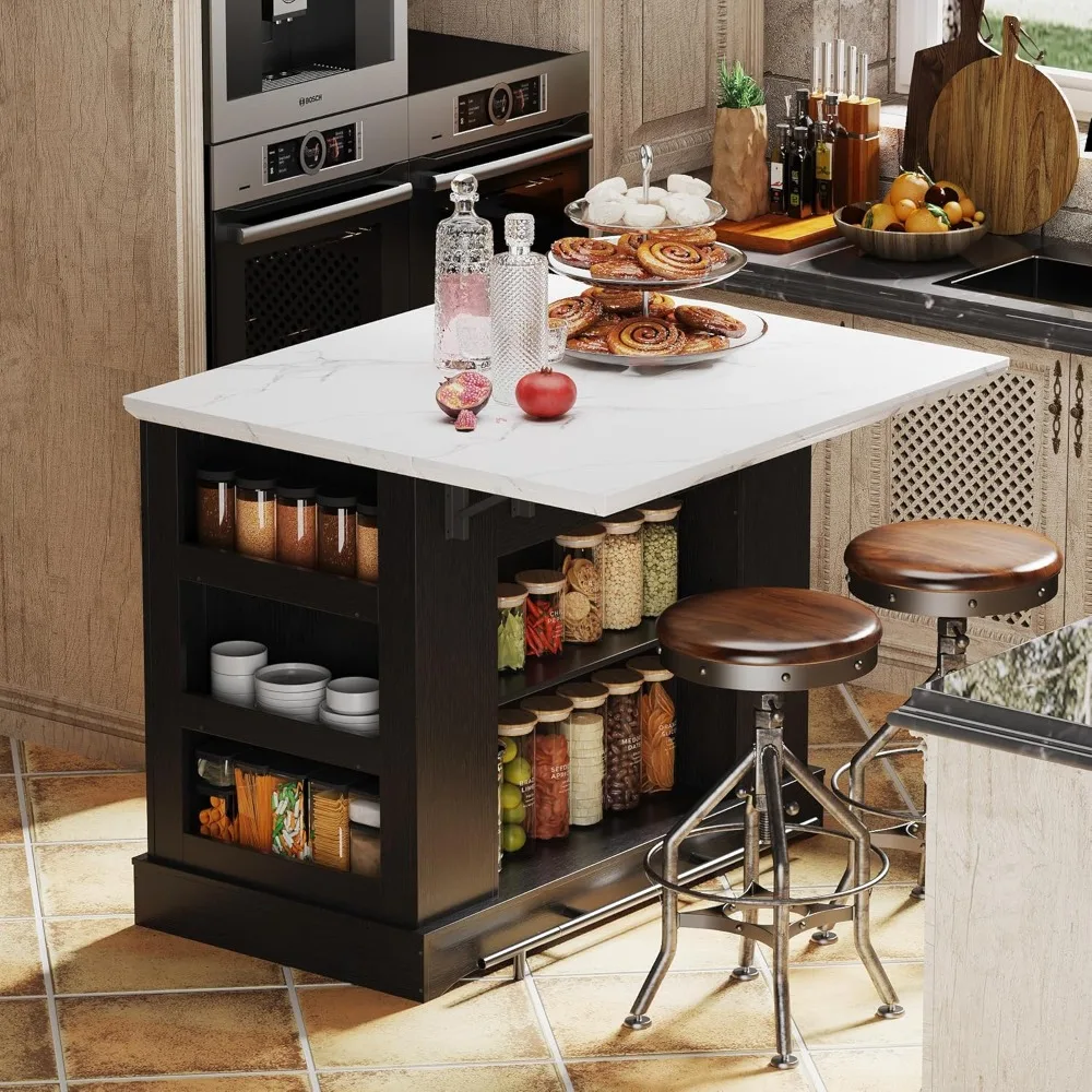 

Large Kitchen Island with Storage & Power Outlet, Drawer, Adjustable Shelves, Side Open Compartments, and Drop Leaf