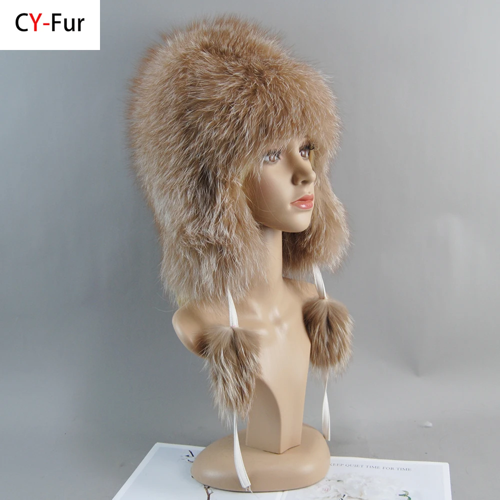 New Lady Fluffy Wholeskin Real Fox Fur Bomber Hats Russian Women Luxurious 100% Natural Fox Fur Cap Winter Thick Fur Hat