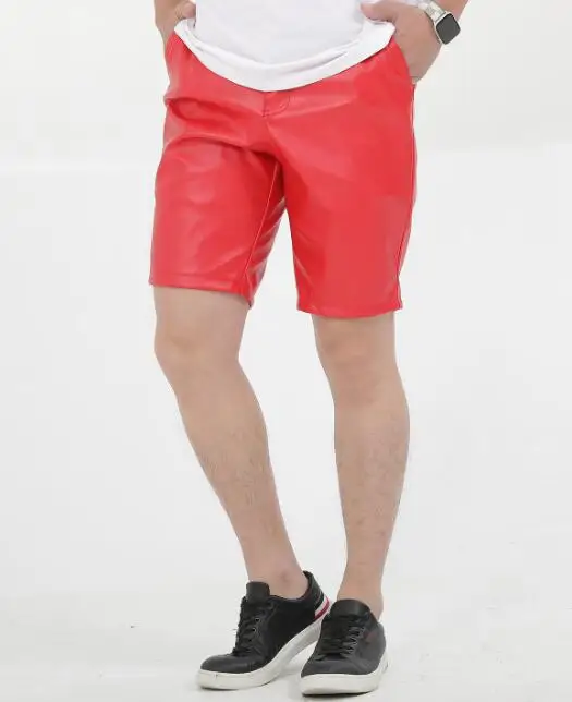Men's Sexy Slim PU Leather Shorts ，Fitness Sports Punk Style Elastic Colored Shorts ，Knee Length Leather Pants
