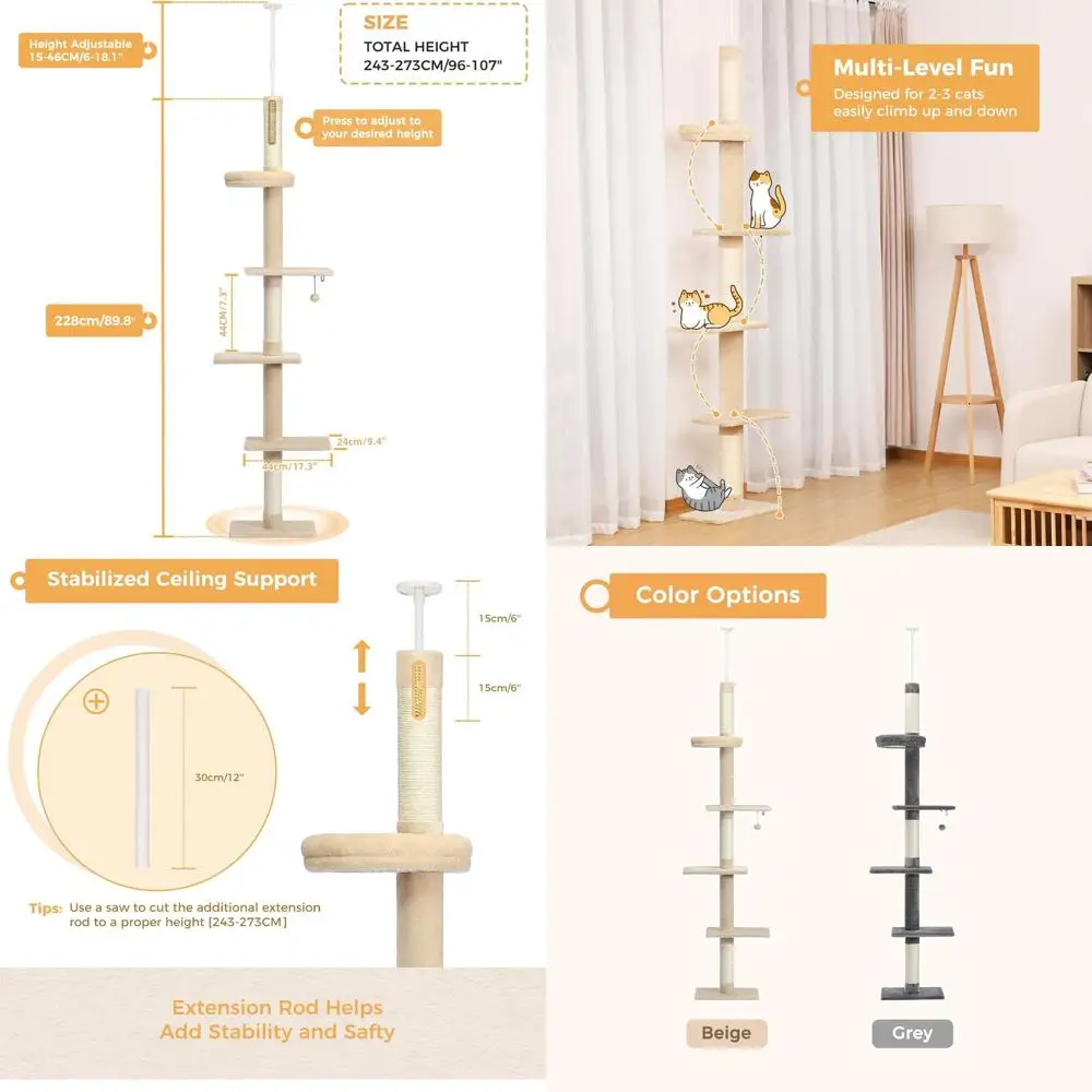 

5-Level Adjustable Tall Cat Tower, 95-107 Inches, with Scratching Post, Bed, and Interactive Toy for Indoor Cats in Beige