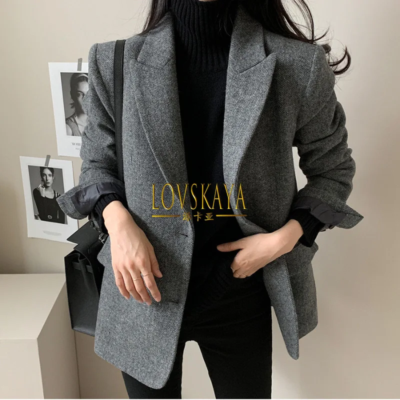 Solid color versatile woolen suit jacket for women\'s autumn and winter wear new style