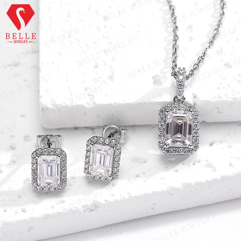 

Moissanite Emerald Cut Earring Necklace Jewelry Sets D Color GRA Certified 100% S925 Sterling Silver For Women Fine Wedding Gift