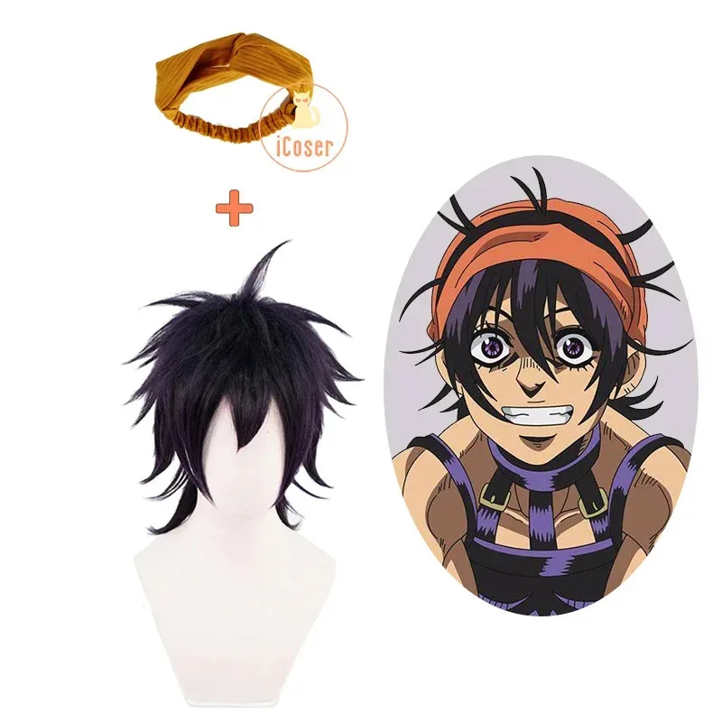 Image of Anime JoJo Bizarre Adventure Narancia Ghirga Cosplay Perücke Orange Haarband Mix Schwarz Lila Synthetisches unordentliches Haar mit Fransen