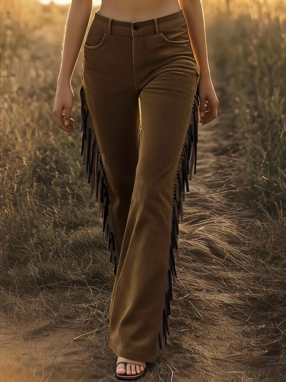 Women Vintage Pants Retro Western Fringe Suede Flare Pants Soft Suede Casual Boho Trousers High Waist Stretch Flared Pants