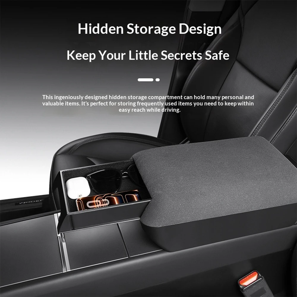 Suede Armrest Box Raised Storage Box For Tesla Model Y Juniper 2025 2026 YL 6-Seat Privacy Storage Space Elbow Support Long Trip