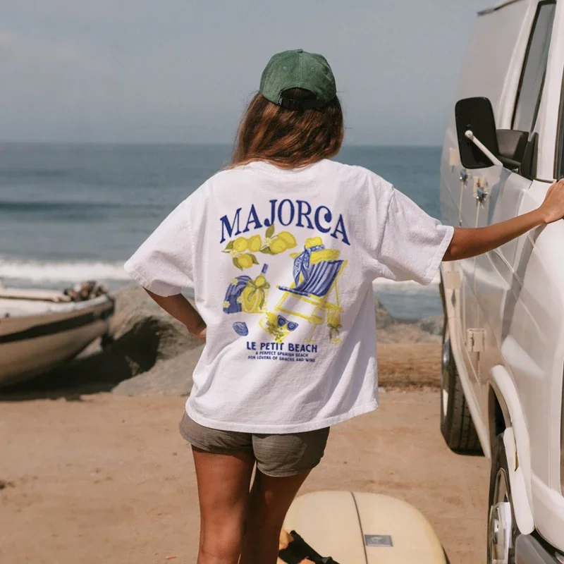 

Majorca Coastal Beach Graphic Top Retro Picnic Fruit Cotton T Shirt Vintage Women Blouse Tees Loose O Neck Short Sleeve Clothing