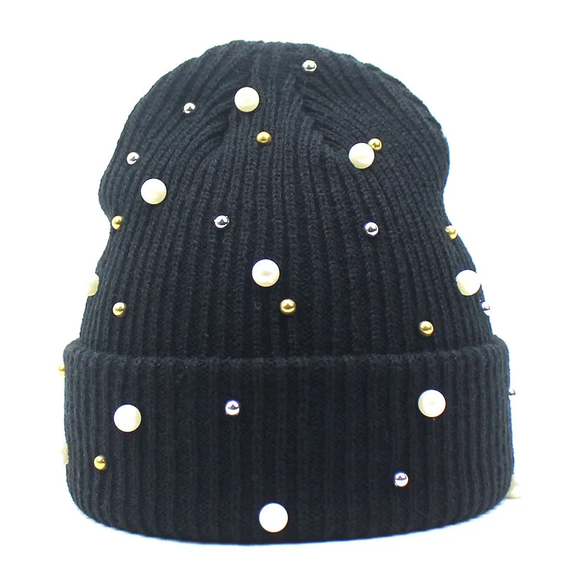 Winter Knitted Beanie Women  Ladies Casual Outdoor Warm Skullies Cap Rhinestone Pearls Knitting Hats Female Solid Color Casual