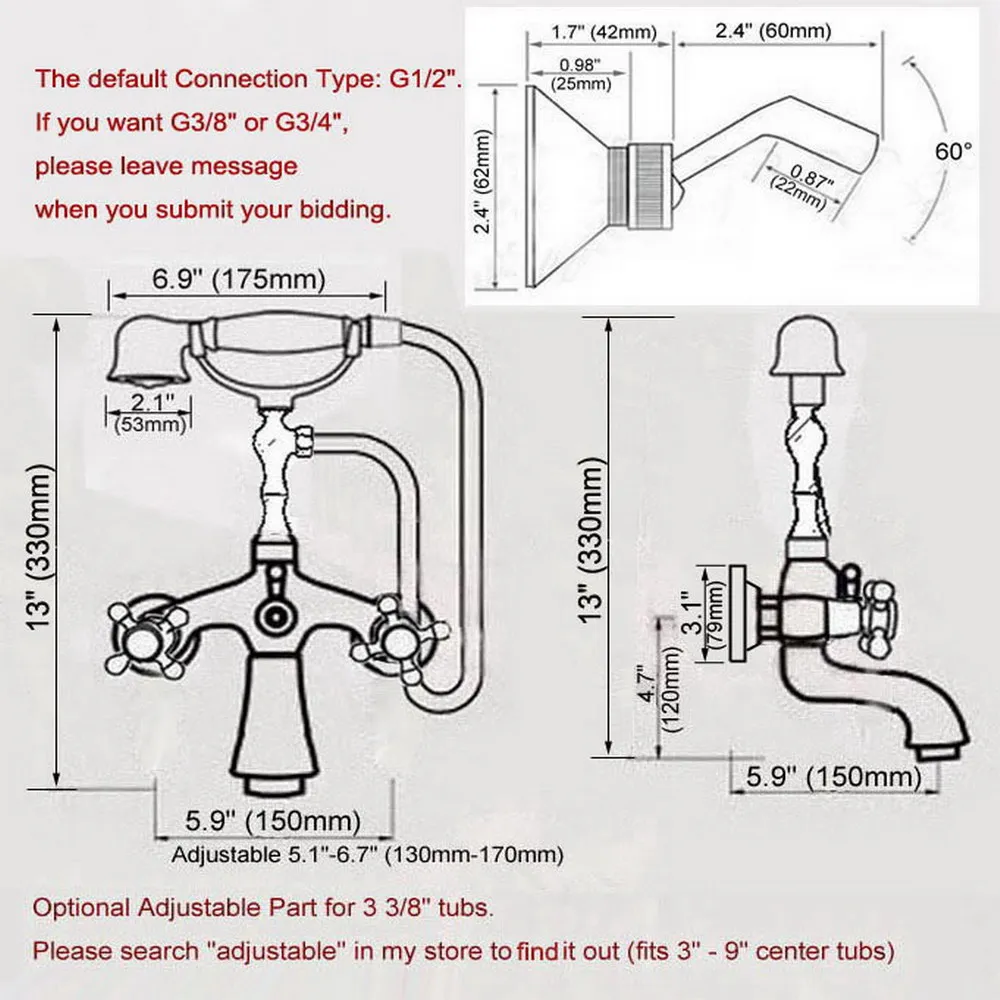 Chrome Brass Double Handle Wall Mounted Bathroom Tub Faucet Set with 150CM Hand Held Shower Spray Mixer Tap 2na763