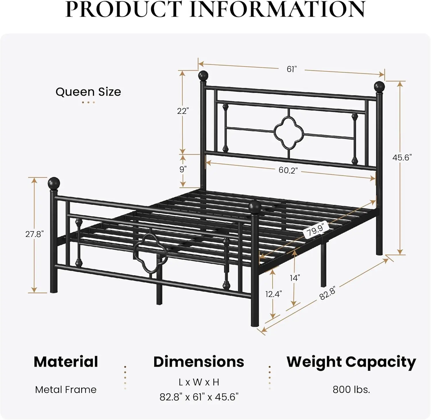 14 Inches Queen Size Metal Platform Bed Frame/Vintage Iron-Art Headboard and Footboard/Mattress Foundation for Storage/No Box Sp