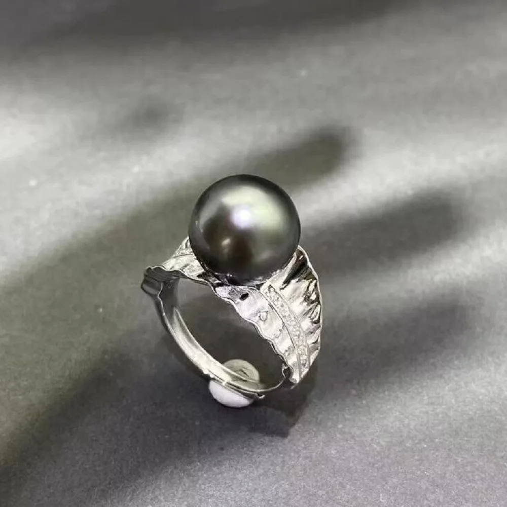 

Gorgeous Adjustable Ring AAA10-11mm Natural Tahitian Round Black Pearl Ring 925s
