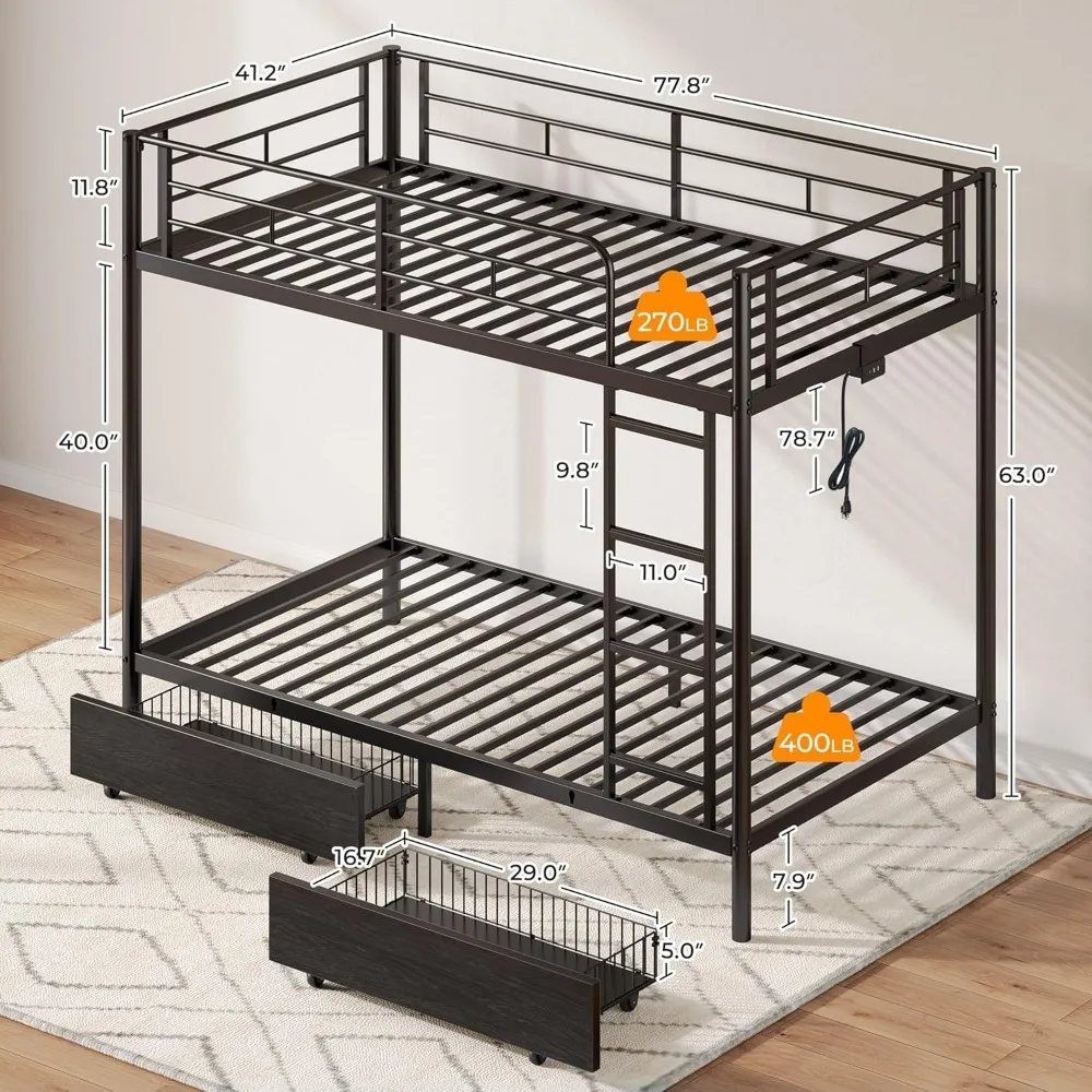 Metal Bunk Bed Twin Over Twin with USB Charging Station, LED Bunk Bed with 2 Storage Drawers,Bed with Safety Guardrail & Ladders
