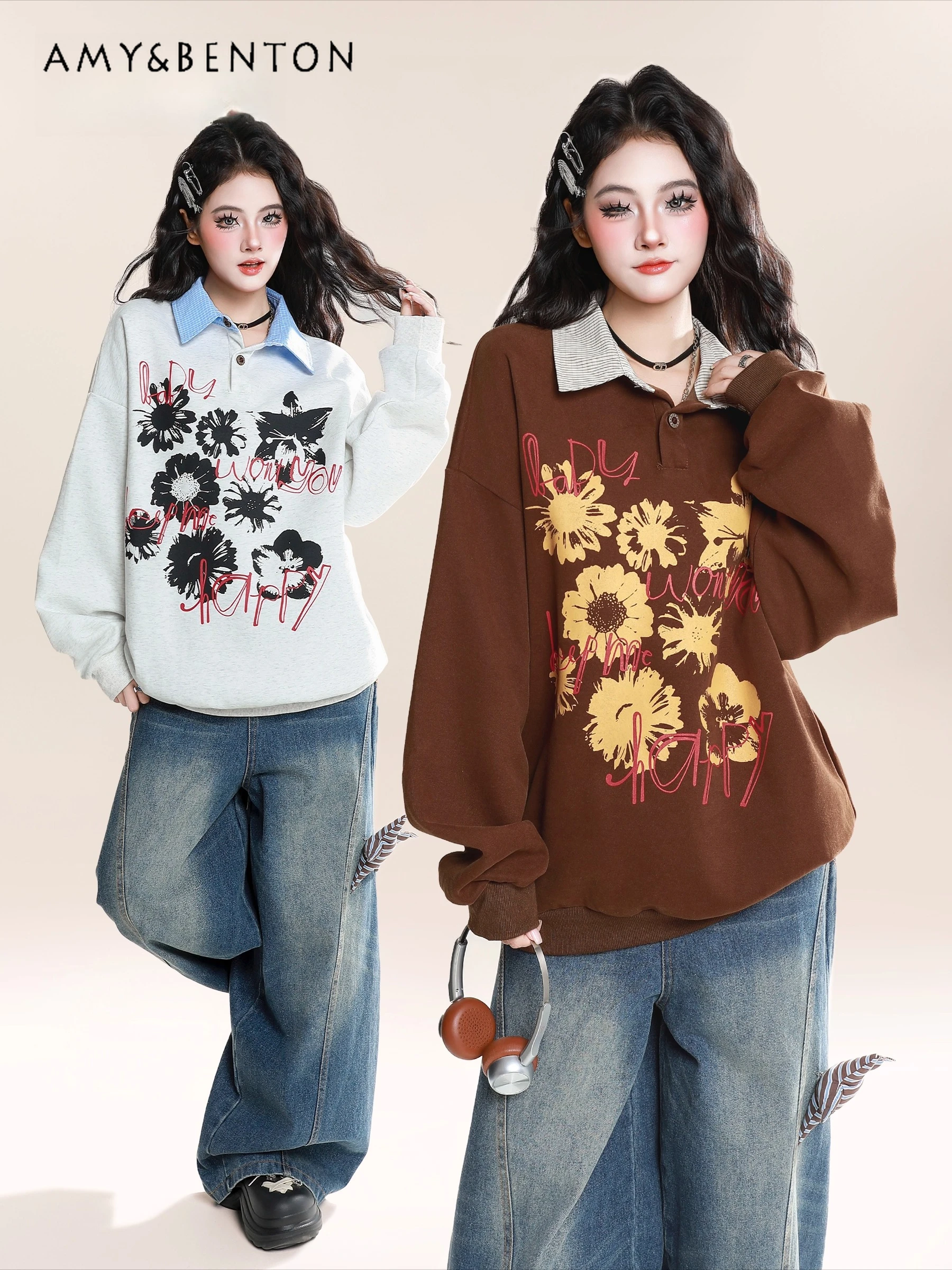 

2025 Spring and Autumn New American Retro Floral Print Fake Two-Piece Polo Collar Coffee Color Sweatshirt Gray Long Sleeve Top