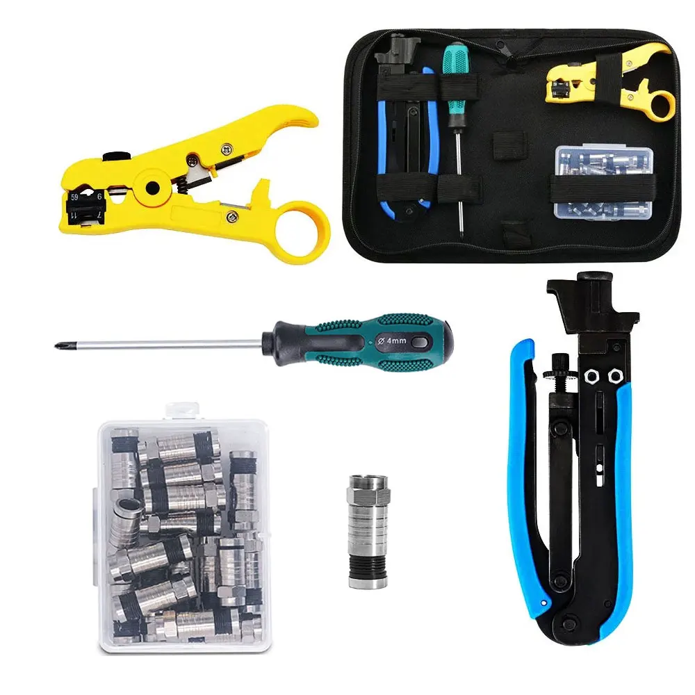 Coax Cable Crimper Stripper Kit Adjustable RG6 RG59 RG11 75-5 75-7 Coaxial Compression Tool with 20 PCS F Compression