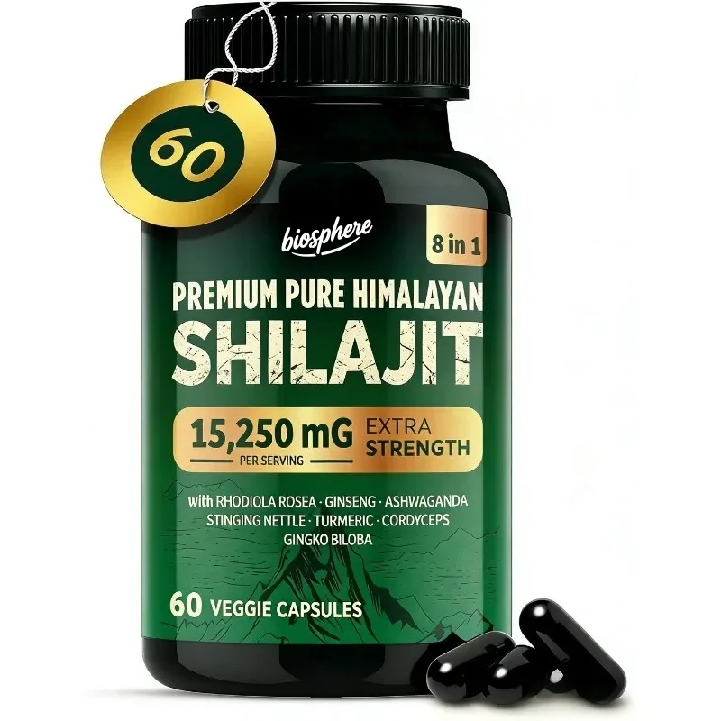 Himalaya Shilajit Capsules 15250mg contain ginseng, cordyceps sinensis, and 60 vegetarian capsules